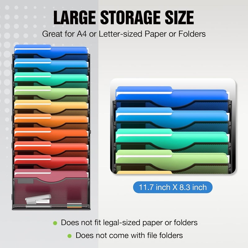 MINDEPOT 11 Tier Wall File Holder Hanging Wall Mount Paper File Organizer for Mails Folders Document Magazine Organization, for Office School Home, Black - Image 5